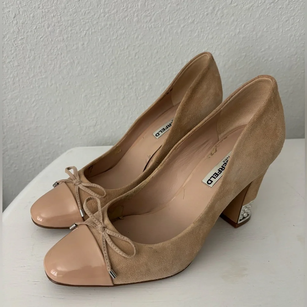 Karl Lagerfeld Naves Cap Round Toe Bow Block Heel Pearls Suede Nude Pumps